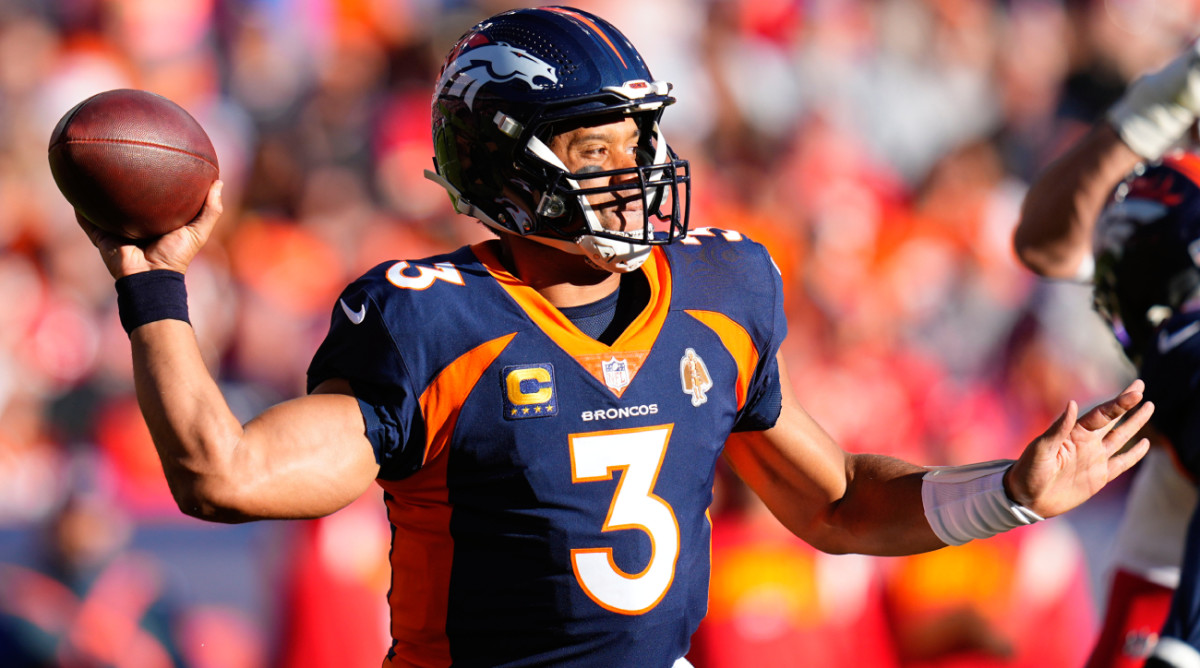 Denver Broncos quarterback Russell Wilson (3) throws during the first half of an NFL football game against the Kansas City Chiefs Sunday, Dec. 11, 2022, in Denver. (AP Photo/Jack Dempsey)